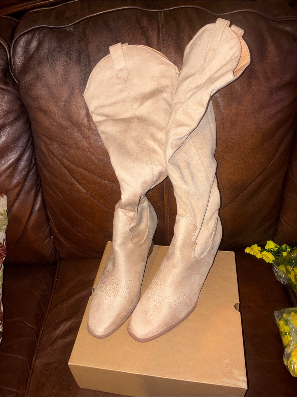 Over-the-Knee Beige Suede Boots - Elegant Slouchy Shaft